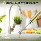 YUSWKO Champagne Gold Handheld Milk Frother Wand with Stand for Coffee, Rechargeable Electric Whisk with 3 Heads 3 Speeds Drink Mixer Coffee Frother For Latte, Cappuccino, Hot Chocolate, Egg