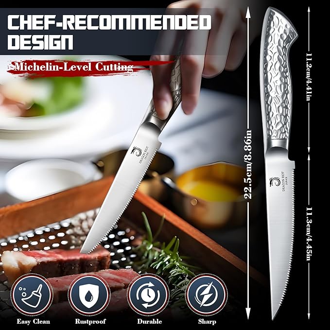 DRAGON RIOT Steak Knives Set of 2，Japanese Stainless Steel Steaks Knife With Serrated Edge Dinner Knife Diswasher Safe Steak Knives with Box
