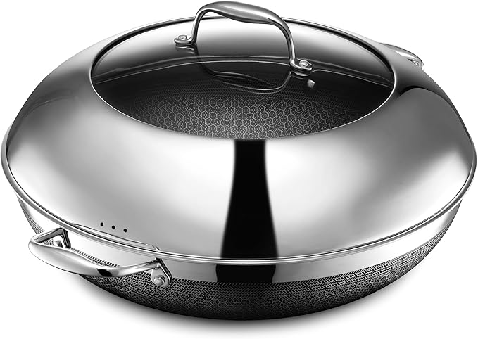 HexClad Hybrid Nonstick 14-Inch Wok with Stainless Steel Lid, Stay-Cool Handles, Dishwasher-Friendly, Oven-Safe Up to 900°F, Induction Ready, Compatible with All Cooktops