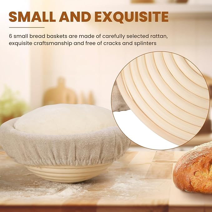 5 Inch Banneton Bread Proofing Basket Set of 6, Kikcoin Mini Sourdough Bread Baking Supplies, Small Banneton Basket Proofing Baskets for Sourdough Bread Baking