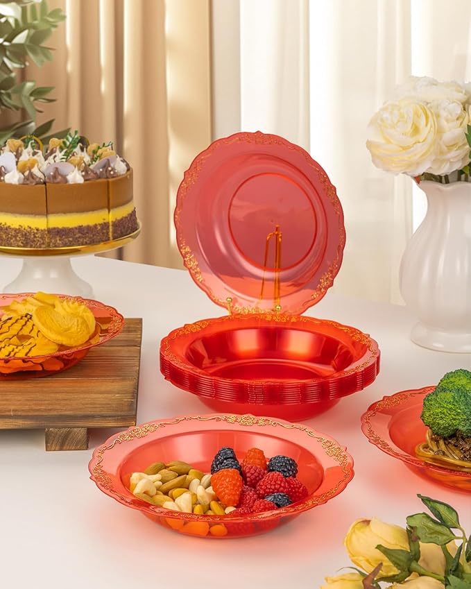 100 Pack Clear Red Plastic Bowls with Gold Rim, 12oz Plastic Salad Bowl, Disposable Bowls for Party, Dinners, Weddings, Christmas, Thanksgiving