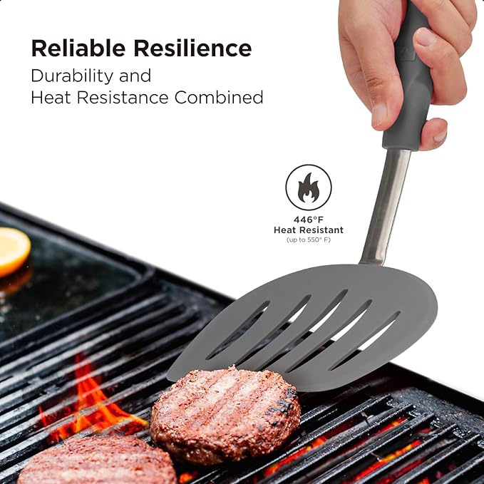 Kitchen Mama WaltzGrip Platinum Silicone Pancake Spatula Turner: Heat Resistant Flexible, Stainless Steel Core, Nonstick, Dishwasher Safe, Flipper – Ideal Kitchen Cookware Egg, Fish, Meat (Metal Gray)
