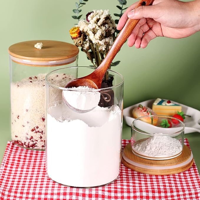 Glass Flour Container with Airtight Bamboo Lid, Large Glass Food Jar with Wooden Lid for Storage Flour, Sugar, Cookies, Rice, Coffee Beans and etc (3L)