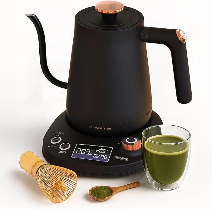 Vianté Electric Gooseneck Kettle with Precise Temperature Control. Pour Over Coffee & Tea Kettle. Boil-Dry Protection & Keep Warm Function. Stainless Steel, BPA-Free. Includes V60#2 Filters. 0.8L