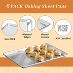 6 Pack Half Size Baking Sheet Pans, Aluminum Commercial Cookie Sheets Non-Stick, 18"x13"