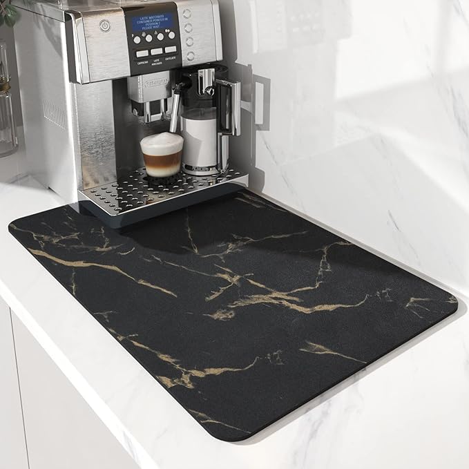 AMOAMI Coffee Mat - Hide Stain Rubber Backed Absorbent Dish Drying Mat for Kitchen Counter - Black & Gold