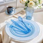 WDF 180 Pieces Blue Plastic Silverware Disposable - Clear Blue Cutlery Sets 60 Forks, 60 Knives and 60 Spoons - Heavy Duty Utensils for Party, Wedding, Graduation