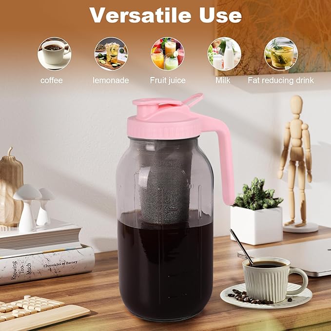 Cold Brew Coffee Maker，64 oz Wide Mouth Mason Jar Pitcher with Stainless Steel Filter, Pour Spout Handle Lid, Heavy Duty Glass Airtight & Leak-Proof Pitcher for iced coffee & Tea Lemonade-Pink