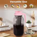 Cold Brew Coffee Maker，64 oz Wide Mouth Mason Jar Pitcher with Stainless Steel Filter, Pour Spout Handle Lid, Heavy Duty Glass Airtight & Leak-Proof Pitcher for iced coffee & Tea Lemonade-Pink