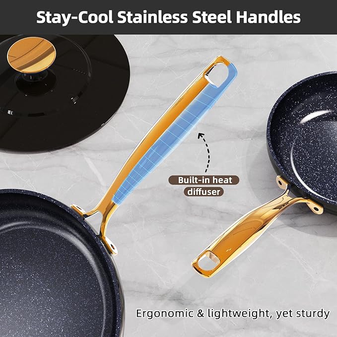 Nuwave Lux LE 13-Pc Cookware Set with Elegant Gold Handle, Diamond Infused Ceramic Non-Stick, PFAS Free, Premium Metal Lids, Ergonomic Stay-Cool Handles, Induction Ready & Compatible w/All Cooktops