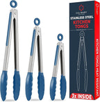 Kitchen Tongs for Cooking with Silicone Tips, Heat Resistant Tongs for Serving Food, 7-Inch, 9-Inch, 12-Inch Locking Silicone Tong, Set of 3 Salad Tong, Blue Kitchen Utensils