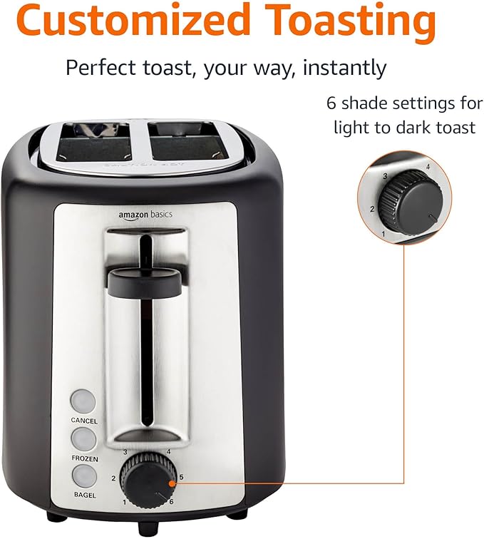Amazon Basics 2 Slice Toaster, With 6 Browning Settings, Extra Wide Slots For Bagels and Special Breads, Removable Easy-to-Clean Crumb Tray, Cancel/Defrost/Bagel Buttons, 900W, Black & Silver