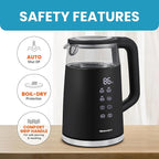 Elite Gourmet EKT8717 1.7L Dual Wall Cool Touch Electric Tea Kettle, Borosilicate Glass, 304 Stainless Steel Interior, Programmed Digital Touchscreen, Keep Warm, Auto Off & Audible Indicator, Black