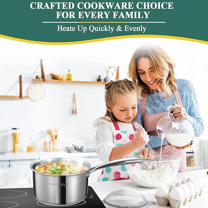 DELARLO Sauce Pan, Oven Broiler Safe 600℉,Tri-Ply Stainless Steel Saucepan Set, 1.0QT, 2.5QT Sauce Pot, Cookware Sets for Induction Cooktop