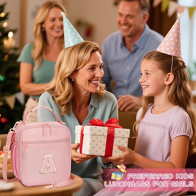 Initial Insulated Lunch Bag for Girls Kids, Back to School Gift, Reusable Leak-proof Lunch Box with Adjustable Strap for School Daycare Travel Picnic (Pink,A)