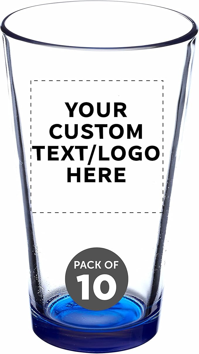 Custom Libbey Pint Glass 16 oz. Set of 10, Personalized Bulk Pack - Beer Glasses, Heavy Duty Drinkware - Blue