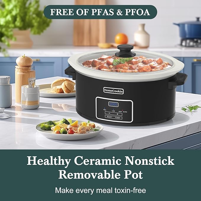HOMECOOKIN 7-Quart Programmable Slow Cooker with Timer Keep Warm - Small Kitchen Appliance for Family Dinners - Serves 6+ People (Black)