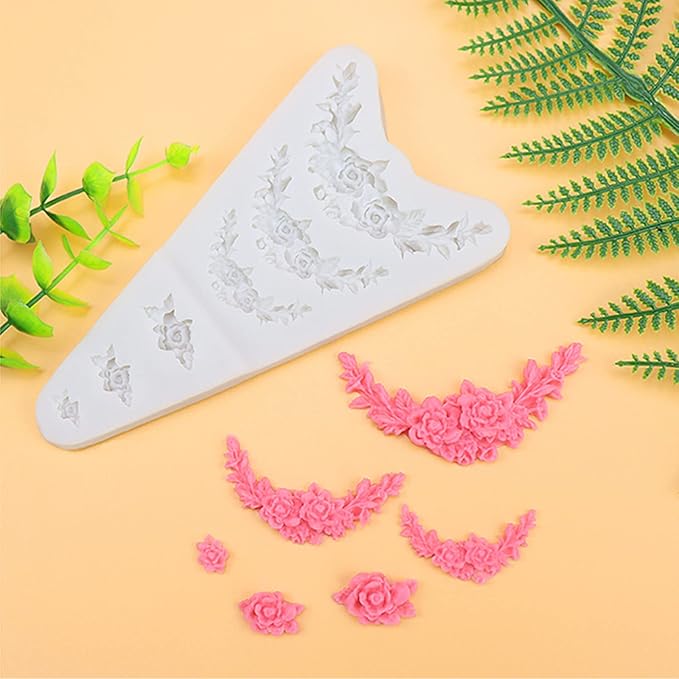 3Pcs Rose Wreath Flower Bouquet Leaves Fondant Molds for Wedding Cake Decorating Cupcake Topper Candy Chocolate Gum Paste Polymer Clay