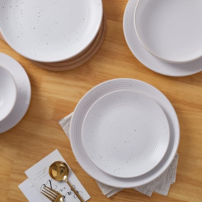 Stone Lain Lauren Stoneware, Rustic Plates and Bowls Set, Dinnerware, Service for 4, Speckled Off White, Dishwasher & Microwave Safe, 16-Piece