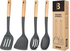 Silicone Cooking Utensils Set, Perfectly Angled for Frying, Mixing,Serving,Draining,Turning and Stirring, BPA-Free Matte Silicone, Wood Handles, Safe for Nonstick Cooking Surfaces,4 Pack (Grey)