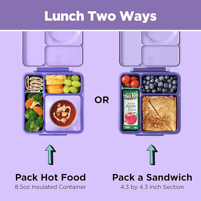 OmieBox Bento Box for Kids - Insulated Bento Lunch Box with Leak Proof Vacuum Insulated Food Jar - 3 Compartments, Two Temperature Zones (Purple Plum)