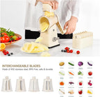Xilrvna RotaryCheese Grater,VegetableShredder 5 in 1 Cheese Grater with HandleedderReinforcedSuction,EasytoClean,KitchenChopperforCrushedIce,Fruits and Nuts with Blade Storage Case（White