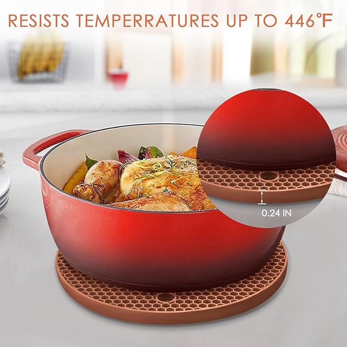 Silicone Trivets for Hot Dishs, 7 Inch & 9 Inch Heat Resistant Silicone Hot Pads Pot Holders for Kitchen Counter, Flexible Round Trivet Mats, Potholders(Coffee)