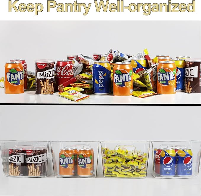 4pcs Clear Storage Bins Clear Storage Containers for Kitchen Pantry Organization, Organizing Bins with Built in Handles, Cabinet Organizers