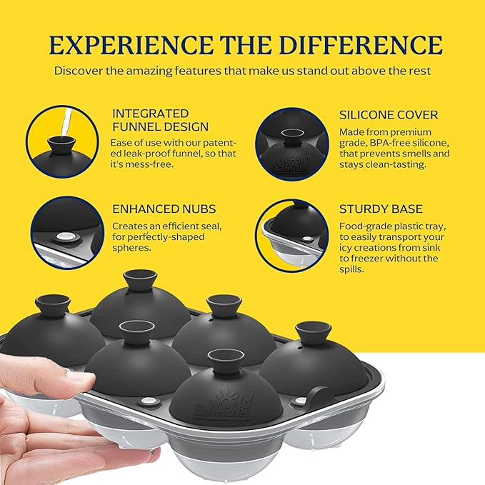 Samuelworld Large Ice Ball Maker with Lid, 6 x 2.5 Inch Ice Balls - Food Grade, Easy To Fill Round Silicone Ice Tray, Perfect Spheres Craft Ice Maker for Whiskey, Cocktails, Gifting - Grey