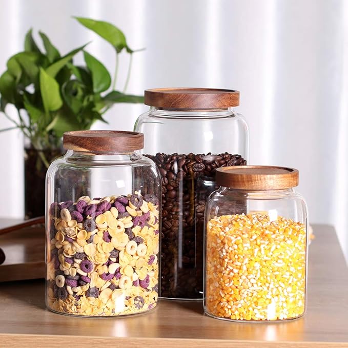 Thicken Glass Storage Jar, Food Storage Container/Canisters with Airtight Wooden Lid for Tea, Coffee, Honey, Cacao Powder,BPA Free Perfect as a Cereal Dispenser (7.6inch 2pcs)