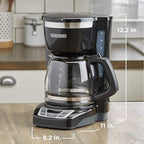 BLACK+DECKER 12-Cup Digital Coffee Maker, Programmable, Washable Basket Filter, Sneak-A-Cup, Auto Brew, Water Window, Keep Hot Plate, Black