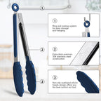 HOTEC Premium Stainless Steel Locking Kitchen Tongs with Silicon Tips, Set of 3-7", 9" and 12" (Classic Blue)