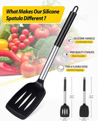 Pack of 2 Silicone Solid Turner, Non Stick Slotted Kitchen Spatulas, High Heat Resistant BPA Free Cooking Utensils, Ideal Cookware for Fish, Eggs, Pancakes(Black)