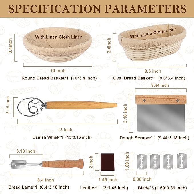 TNELTUEB Bread Proofing Basket Set, Incl 10'' Round & 9.6'' Oval Rattan Banneton, Dough Whisk, Scraper, Lame, Linen - Natural