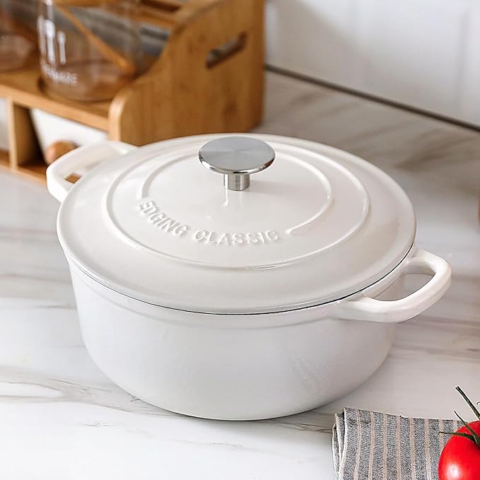 Cast Iron Dutch Oven With Lid Round Pot Enameled Covered for Bread Baking, 7 Quart, White