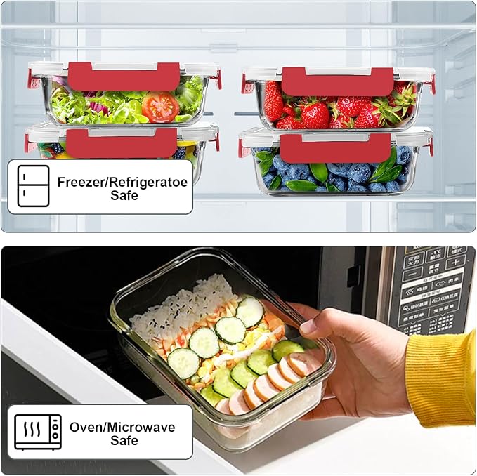 VERONES 10 Pack 22 OZ Glass Meal Prep Containers, Airtight Glass Lunch Containers Set, Glass Food Storage Containers with Lids,Exclusive of BPA, for Microwave, Oven, Freezer & Dishwasher Friendly,Red