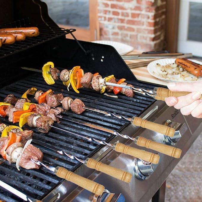 12 Pack Kabob Skewers BBQ Barbecue Skewers Stainless Steel Sticks 22 Inch Heavy Duty Large Wide Reusable with Nonslip Wooden Handle Ideal for Shish Kebab Chicken Shrimp and Vegetables