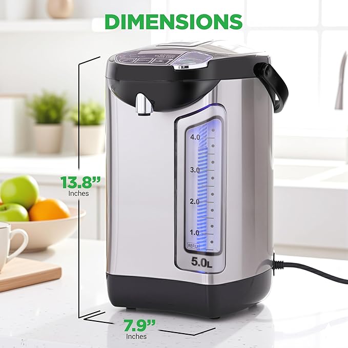 NutriChef Electric Water Boiler and Warmer - 5L/5.28 Qt Stainless Steel Hot Water Dispenser w/Rotating Base, Keep Warm Temperature Set, Auto Shut Off, Safety Lock, Instant Heating for Coffee & Tea