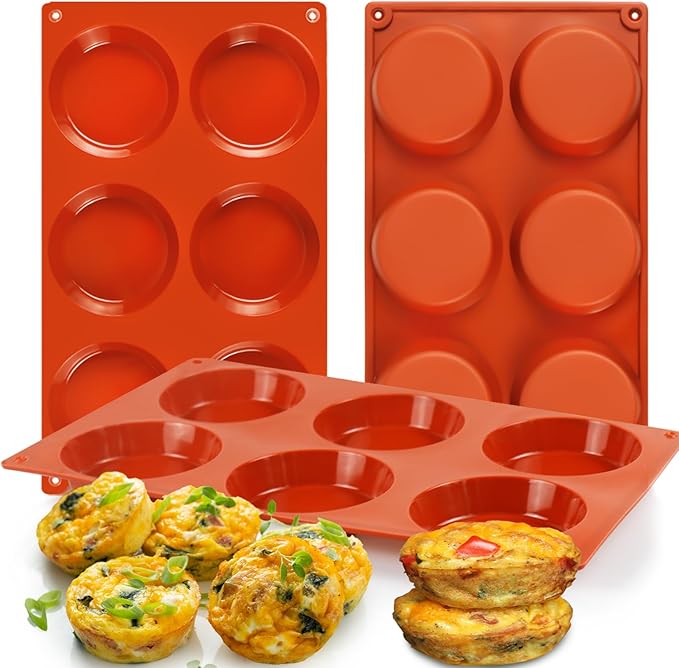 Palksky Silicone Egg Molds for Oven Baking, 3 Pcs 6-Cavity Silicone Egg Bite Molds for Breakfast Sandwiches, Non-Stick 3" Muffin Top Pans/Whoopie Pie Pan