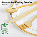 FOCUSLINE 300 Pack 6.8" Disposable Gold Plastic Spoons, Solid and Durable Plastic Cutlery Spoons, Heavy Duty Disposable Utensil Silverware for Catering, Parties, Dinners, Weddings