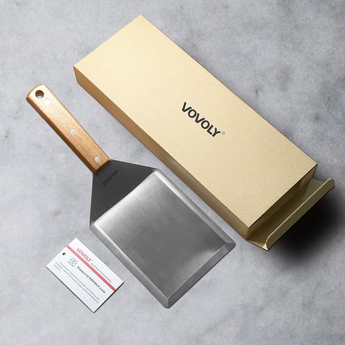 Extra Wide Spatula, Large Metal Spatula with Full Tang Wooden Handle & Beveled Edges for Skillets, Griddles & Grills, Pancake Flipper Turner, Smash Burgers Turner, 6 x 5-inches