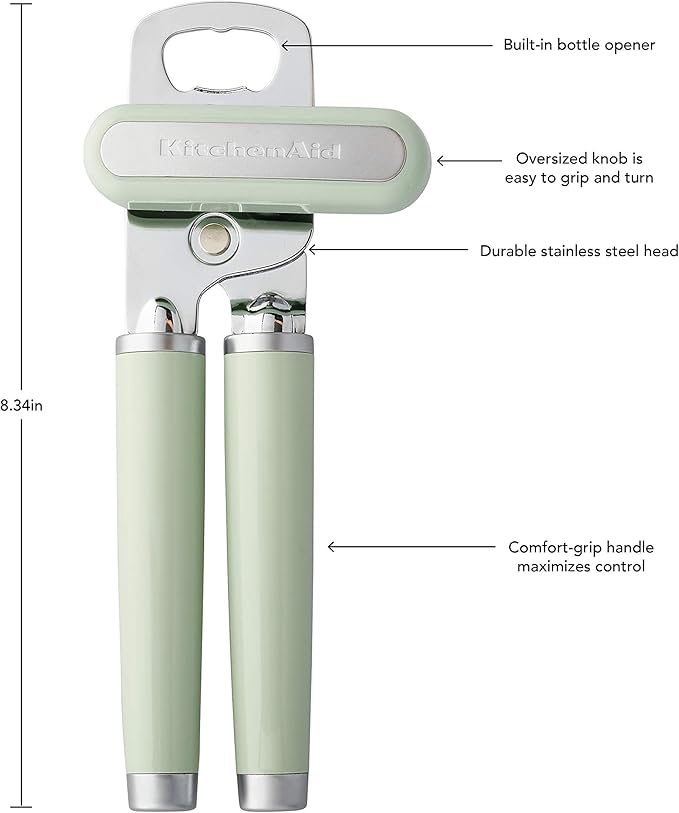 KitchenAid Classic Multifunction Can Opener and Bottle Opener Easy to Use, Razor Sharp Stainless Steel Cutting Wheel, Soft Ergonomic Handles, Pistachio