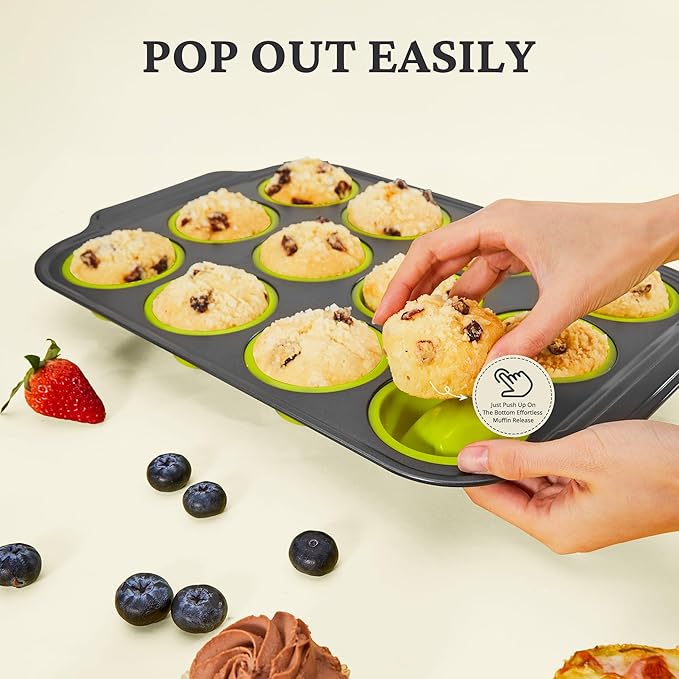 BRONYPRO Silicone Muffin Pans for Baking with Metal Frame, Egg Bite Maker Silicone Molds, Cupcake Pans 12 Regular Size, Muffin Tins Easy to Pop Nonstick Non Toxic Bakeware for Oven, Lime Green