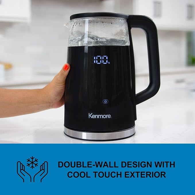 Kenmore Electric Kettle - 1.7 Liter Cordless Digital Chauffe-eau, Instant Pot Tea Kettle, Preset Temperature Control, Automatic Shut- Off, Cool Touch, Hot Water Boiling Heater, Black
