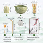 Matcha Whisk Set - Ceramic Matcha Set Includes Matcha Bowl, Whisk and Holder, Bamboo Scoop, Scoop Rest, Sifter and Tea Towel - 7 Pcs Ceremonial Gift Kit for Matcha Lovers (Floral Green)