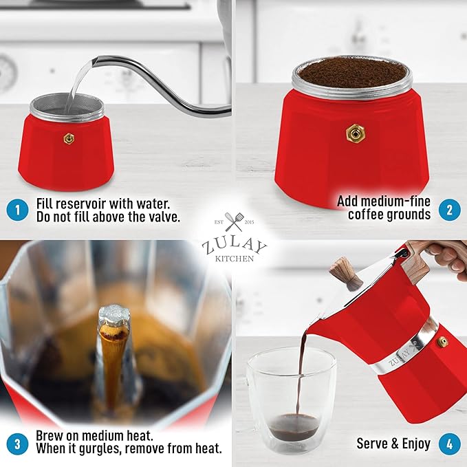 Zulay Kitchen Stovetop Espresso Maker - Moka Pot 3 Espresso Cups - Percolator Coffee Maker for Classic Cuban & Italian Style Espresso - Portable Coffee Maker for Camping & Travel - (Red)