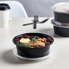 FULING 32 oz 50 ct Round Meal Prep Containers with Lids Plastic Food Storage Lunch Plan To Go Box Disposable Take Out Bowls Black BPA Free Reusable Durable Stackable Microwave Freezer Dishwasher Safe