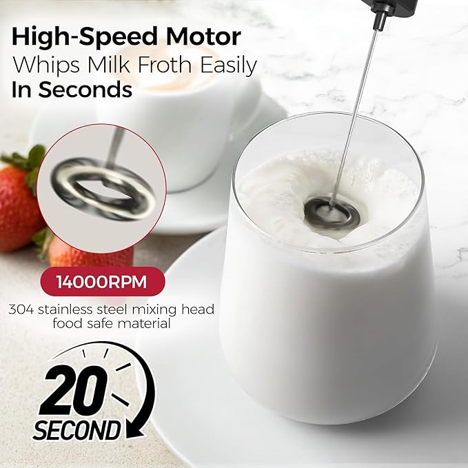 YARRAMATE Mini Powerful Milk Frother Wand, Fast Battery Operated Coffee Mixer, Handheld Drink stirrer, Electric whisk Foam Maker for Lattes, Cappuccino, Matcha, Hot Chocolate (Black)