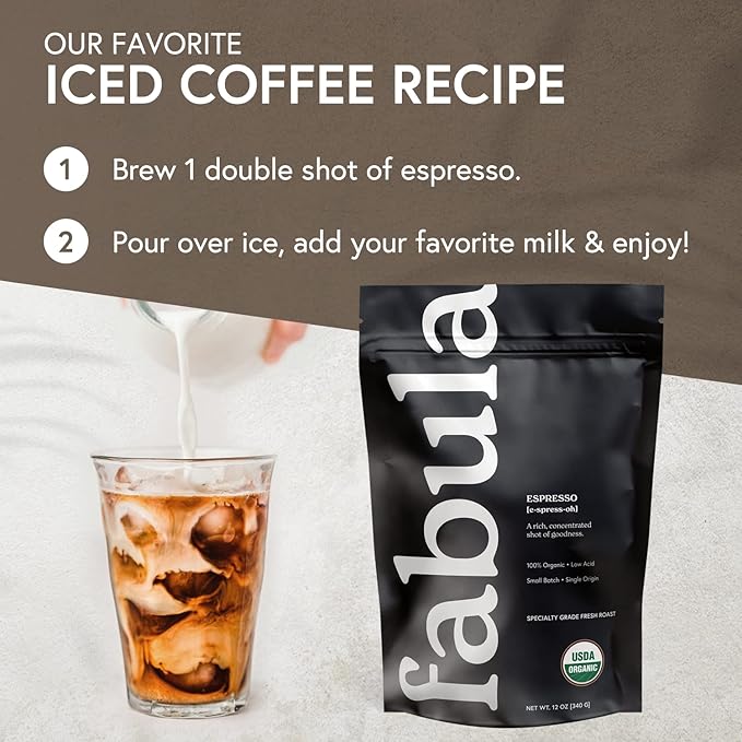 Fabula USDA Organic Espresso Coffee, Freshly Ground Espresso Low Acid Coffee, Non-GMO, No Molds, Mycotoxins Pesticides Free, Single Origin Coffee 12 oz