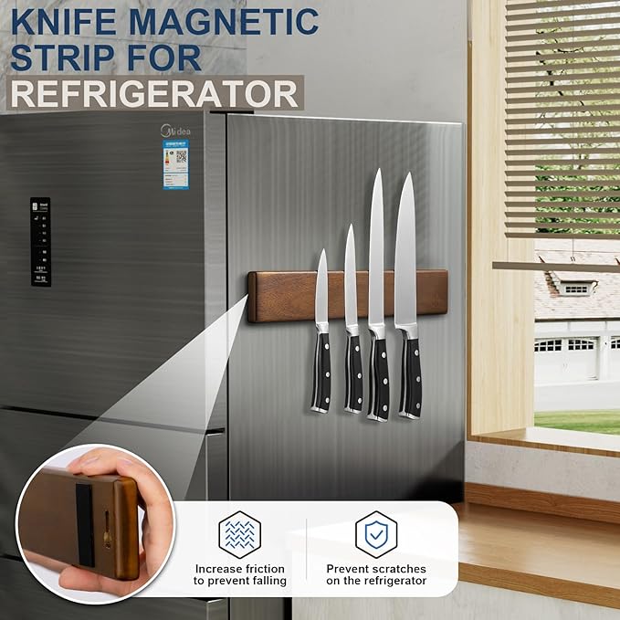 Magnetic Knife Strips, Magnetic Knife Holder for Wall 16 Inch, Acacia Wood Knife Magnetic Strip Use as Knife Bar, Knife Holder for Kitchen Utensil Organizer, Without hooks